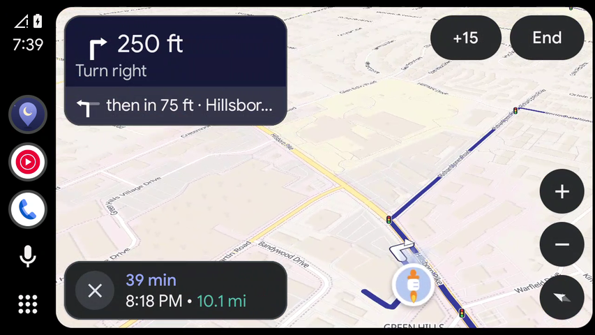 Android Auto during a calm loop from Green Hills, Nashville. The turn card reads turn right in 250 feet, then left onto Hillsboro Pike 75 feet later. +15 and End are at the top right, and the bottom shows 39 minutes and 10.1 miles left, arriving at 8:18 PM.