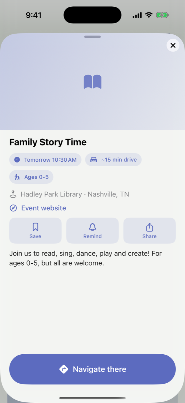 Family Story Time at Hadley Park Library in LullaRoute: tomorrow at 10:30 AM, a 15-minute drive, ages 0 to 5, with Save, Remind, Share and Navigate there.