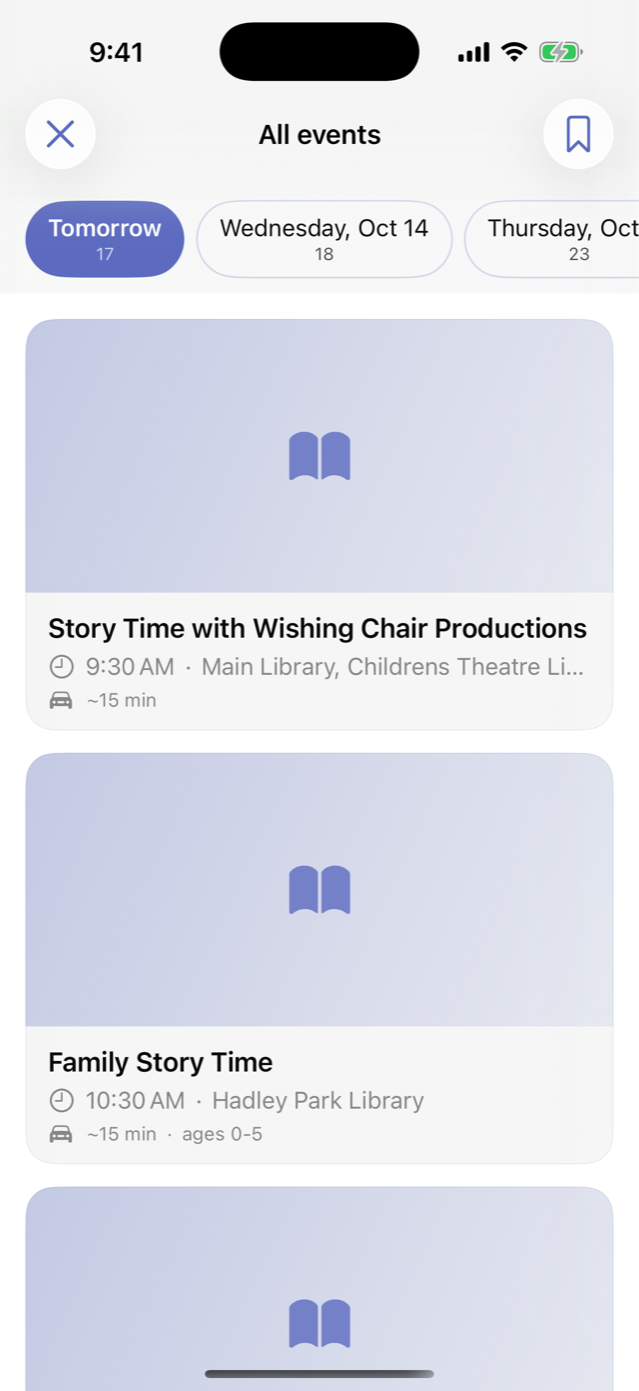 All events, a day at a time: story times at Nashville libraries tomorrow, each with its time, library and a drive of about 15 minutes.