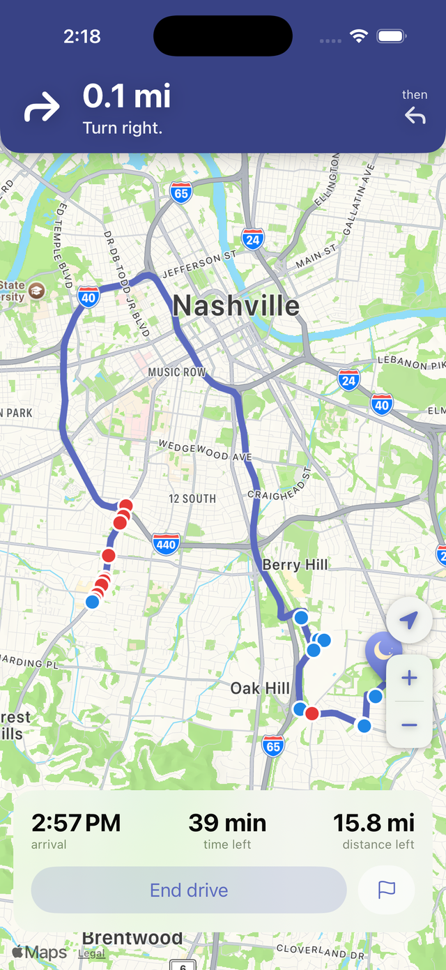 LullaRoute silent navigation: a large turn banner reading 0.1 miles, turn right, over a Nashville map