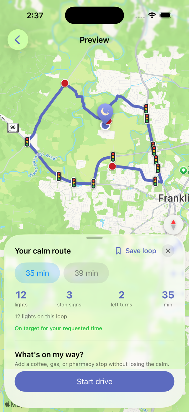 A 35-minute calm loop through Franklin, Tennessee, drawn as a circuit on the map that leaves home and returns to it. Two options underneath, 35 and 39 minutes, and the counts for the chosen one: 12 lights, 3 stop signs, 2 left turns, 35 minutes, and On target for your requested time.