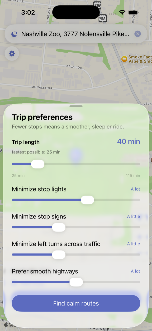 Trip preferences: a 40-minute trip length slider and four calm-routing sliders at moderate positions
