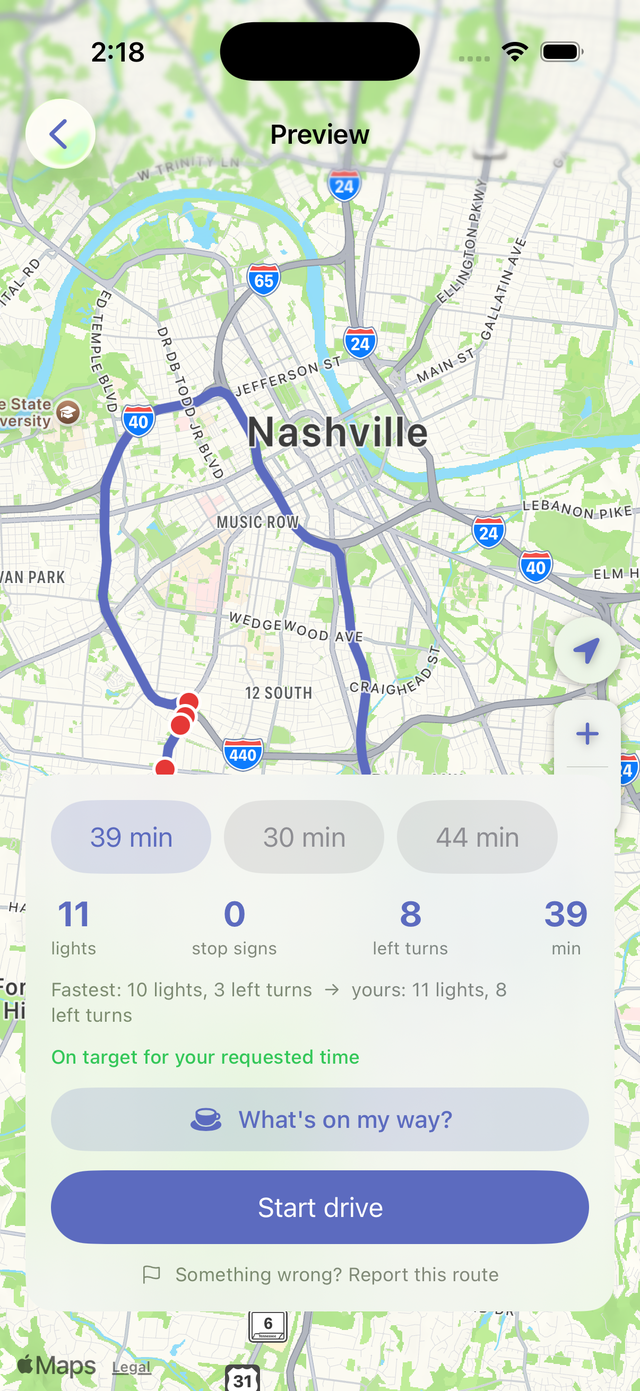 Route preview: a 39-minute calm loop through Nashville that matches the requested 40 minutes, with stop counts